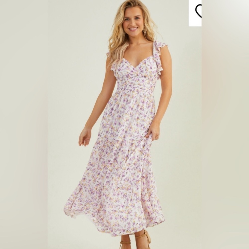 ARULA Annie purple yellow Floral Maxi Dress with Ruffle flutter Straps tiered 14